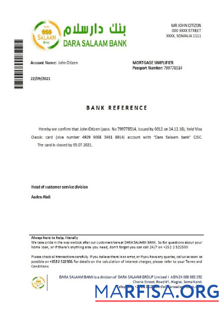 Printable Somalia Dara Salaam bank closure reference template